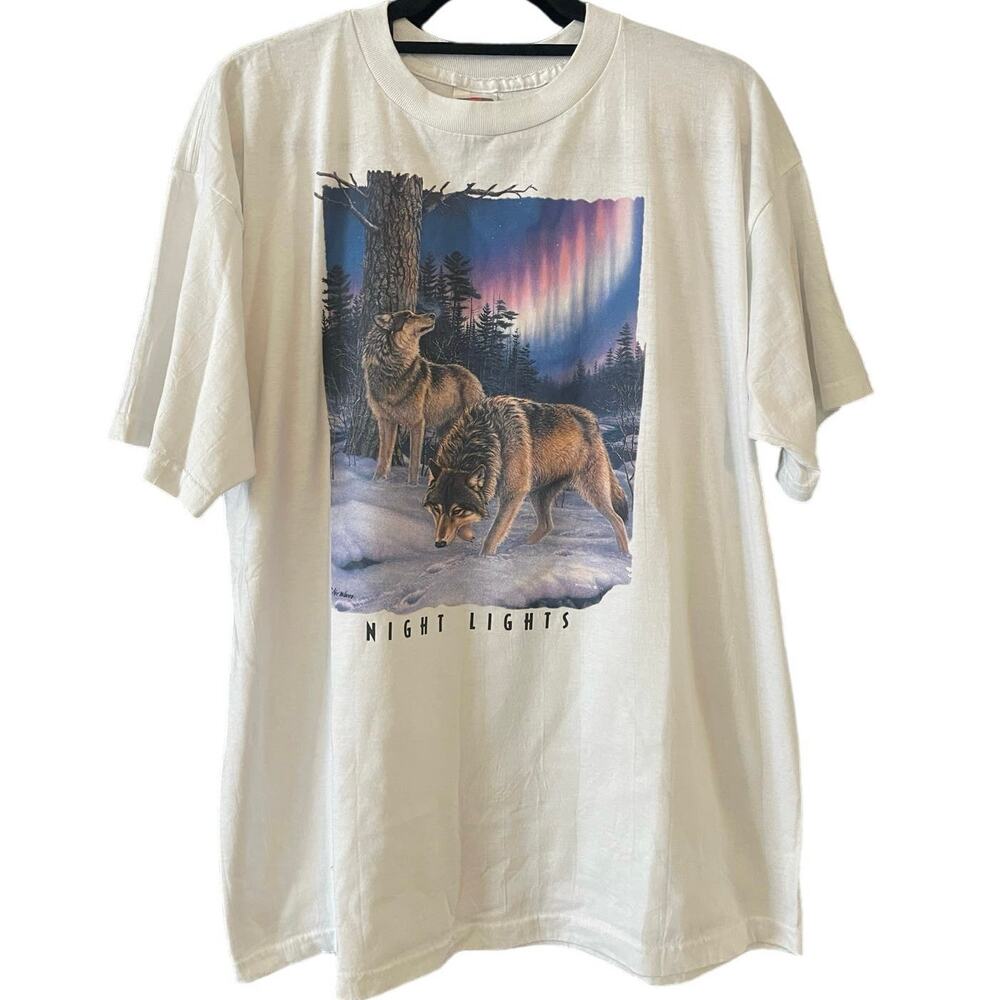 Vintage 90s Night Lights Wolves Nature Shirt Adult XL